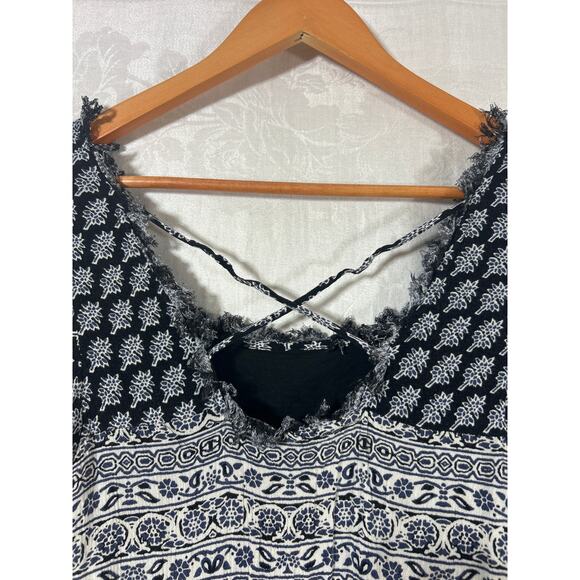 Free People Mini Dress Small PETITE Black Blue Flare Sleeve Fringe Heart of Gold - Picture 10 of 12